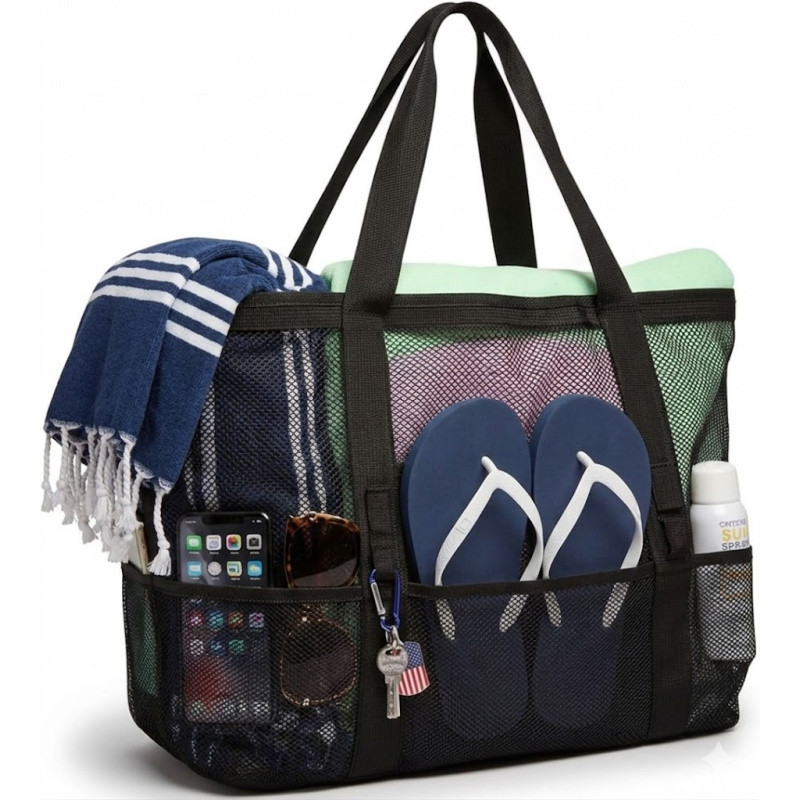 Dry Bag Roll Top - กระเป๋าตาข่ายชายหาดขนาดใหญ่พร้อม 9 ช่องเก็บของ แห้งเร็ว ป้องกันทราย กระเป๋าใส่ของเล่น